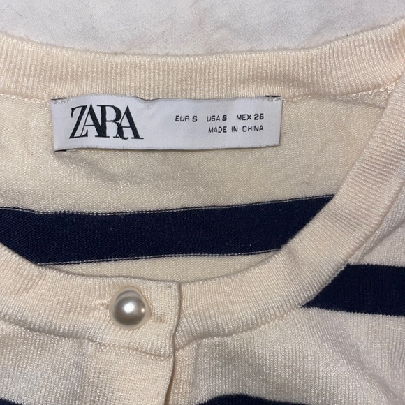 Zara Navy and Cream Stripped Pearl Button Sweater - Picture 2 of 2